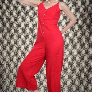 bright red button up jumpsuit linen rayon lush size medium